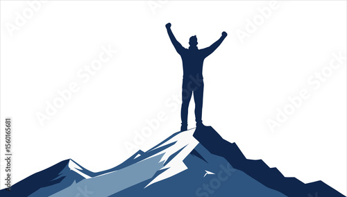 Man's silhouette leaps with joy against a vibrant mountain 