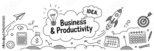 Business Productivity Doodle: A hand-drawn illustration showcasing the concept of business productivity, featuring elements like a lightbulb, rocket, target, calendar, and calculator.