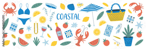 Coastal Summer Bliss: An illustrative scene bursting with summery elements, capturing the essence of seaside charm and sun-kissed relaxation.