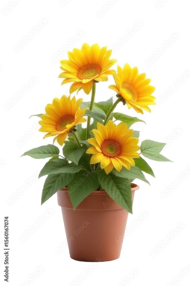 Obraz premium Vibrant Yellow Gerbera Daisy Flowers in Brown Pot with Transparent Background and Green Leaves in Bright Indoor Lighting Detailed Close Up