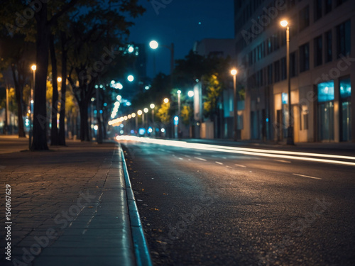 A serene night street scene with blurred lamp glows stretching along an empty urban avenue lined with modern buildings in soft focus, surface reflections and light halos are rendered