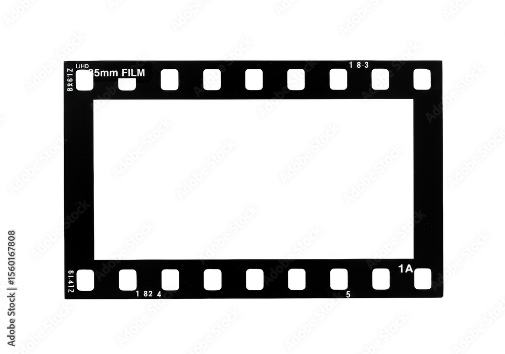 Isolated black 35mm film strip frame with white sprocket holes, blank white copy space, and '35mm FILM' text, in photorealistic UHD studio photography on bright white background, concept of vintage Isolated black 35mm film strip frame with white sprocket holes, blank white copy space, and '35mm FILM' text, in photorealistic UHD studio photography on bright white background, concept of vintage