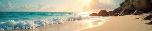 Vibrant seascape, sun-kissed sand, art supplies , escape, green