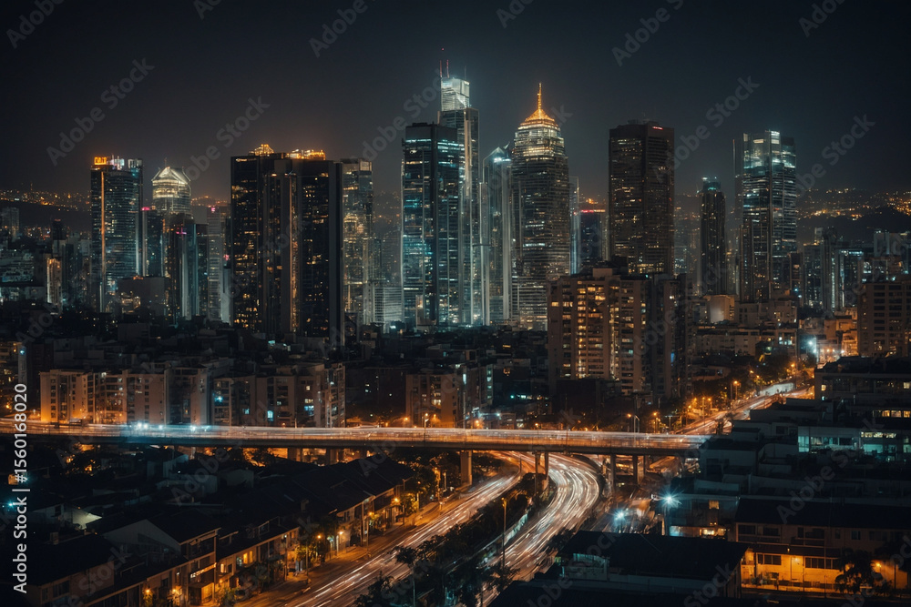 Fototapeta premium A cinematic blurred cityscape at night glowing with warm streetlights and distant neon reflections from tall buildings under a dark sky, captured with soft bokeh focus and atmospheric