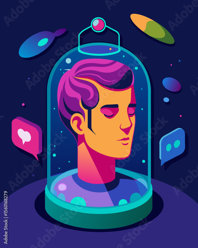 A persons head encased in a glass chamber submerged in a neoncolored liquid that bubbles and churns while a computerized voice repeats mindcontrolling messages.. Vector illustration