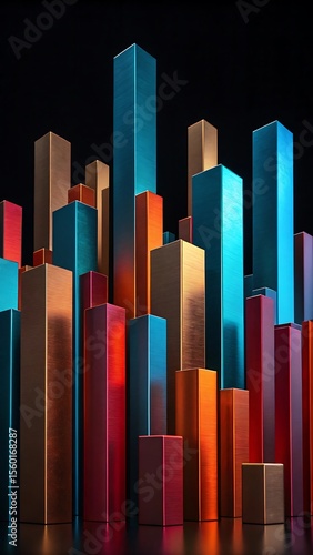 Abstract metallic bars in vibrant colors of blue red and gold arranged in a cityscape against a dark background