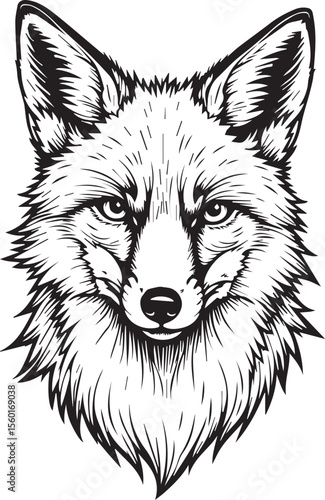 Fox Portrait: An intricately detailed portrait of a fox, captured in striking black and white, its intelligent eyes fixed forward, symbolizing intelligence. 