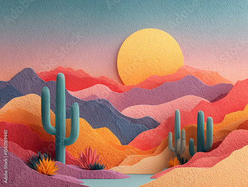 Stylized desert with abstract cactus and sun, pastel vibe 