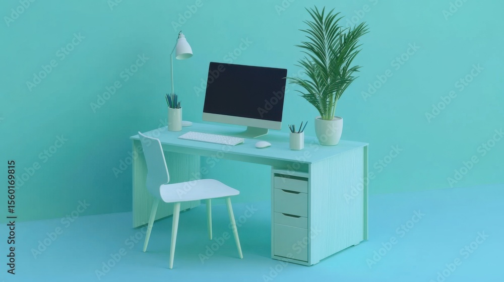 Fototapeta premium Minimalist Aqua Desk Setup with Plant and Computer