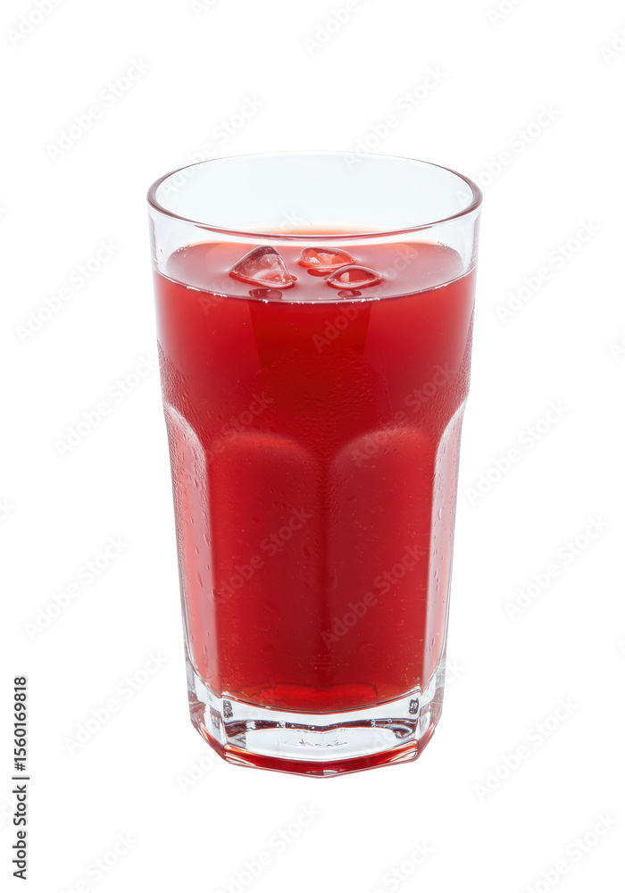 Refreshing glass with a bright red, fruit-filled beverage, topped with ice, showcasing a tall, clear glass Refreshing glass with a bright red, fruit-filled beverage, topped with ice, showcasing a tall, clear glass