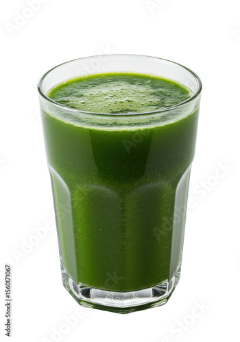 Vibrant green juice in a glass; smooth texture with bubbles. Healthy and refreshing drink