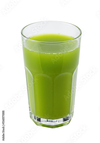Tall glass filled with vibrant, green, opaque smoothie. Clean background