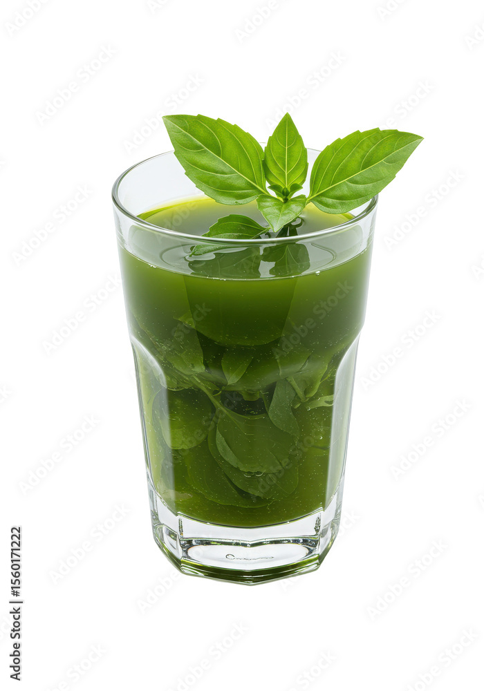 Refreshing green juice with basil leaves in a glass on a black background, healthy drink Refreshing green juice with basil leaves in a glass on a black background, healthy drink