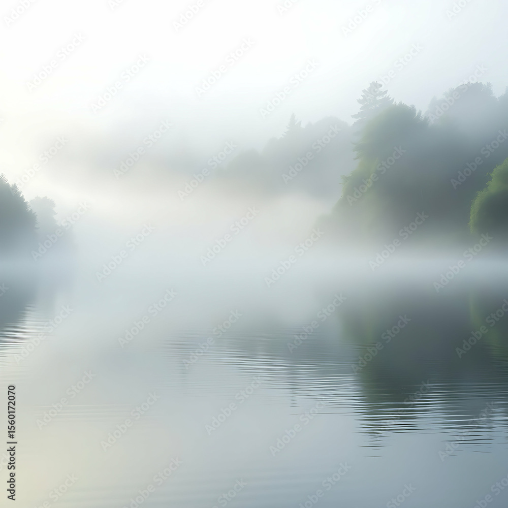 Fototapeta premium fog, mist, foggy, misty, ethereal, mysterious, atmospheric, serene, peaceful, tranquil, calm, quiet, subdued, soft, blurred, obscured, hazy, lake, water, reflection, nature, landscape, outdoor, gloomy