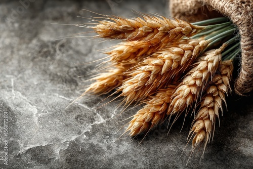 Top view of wheat ears on light grey marble background with copy space – premium grain harvest and healthy agriculture concept photography