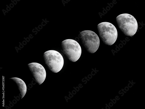 Minimal moon phases in line on black background