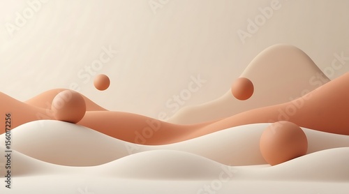 Smooth flowing abstract shapes with spheres in muted peach and cream colors background