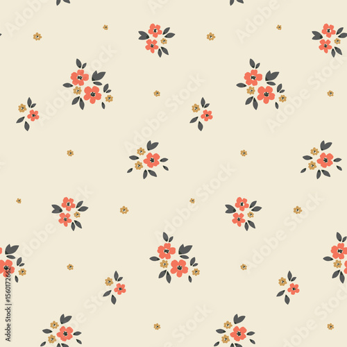 Seamless floral pattern, liberty ditsy print of mini pretty daisies. Cute botanical design of small hand drawn flowers, tiny leaves, simple bouquets in country fashion motif. Vector illustration.