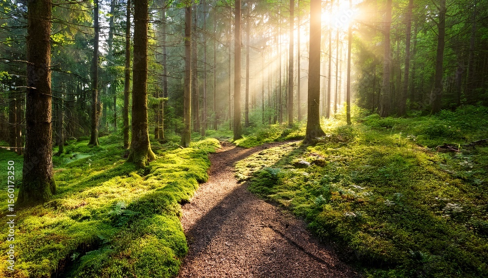 Fototapeta premium forest path with moss and light rays in early morning