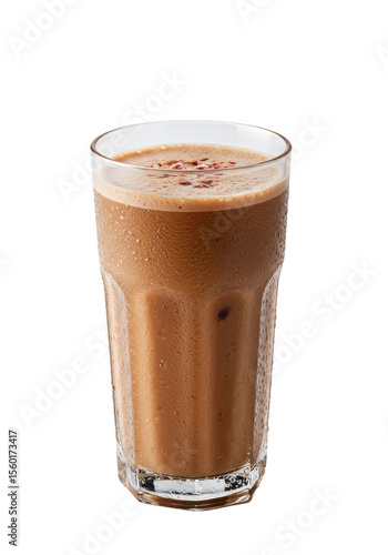 Refreshing chocolate drink, cool and tasty in a tall glass, sprinkled with red topping
