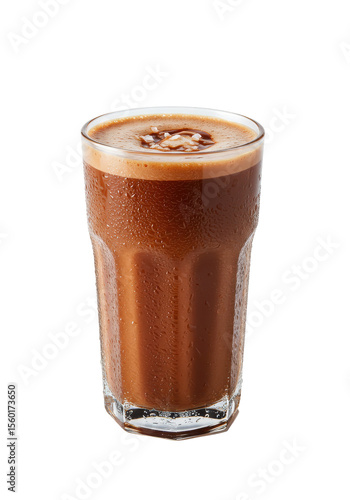 Iced drink in glass with condensation and topping. Refreshing, sweet, cold beverage