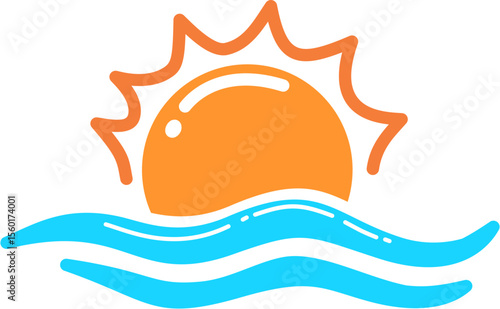 Hand drawn sun setting over the sea retro groovy boho summer elements cartoon doodle 