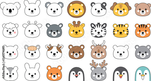 Cute animal faces illustration collection for kids books and baby products vector design template