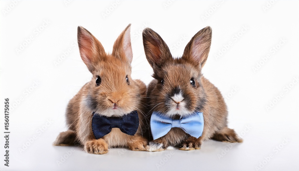 Fototapeta premium two adorable rabbits wearing stylish bow ties on a white isolated background