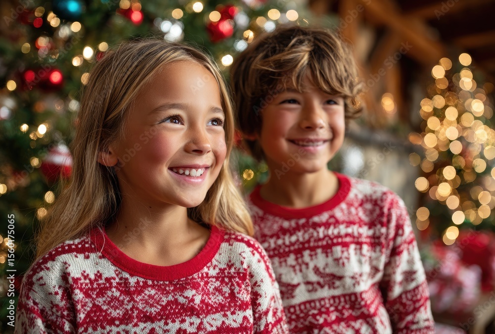 Children in Christmas pajamas near a decorated tree, family time during the holiday season at home. Children in Christmas pajamas near a decorated tree, family time during the holiday season at home.