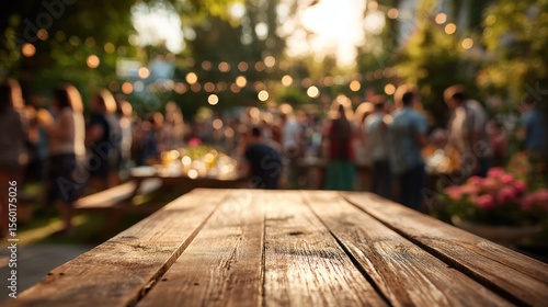 Rustic wooden table in focus, warm evening party blurred background, inviting summer gathering atmosphere.