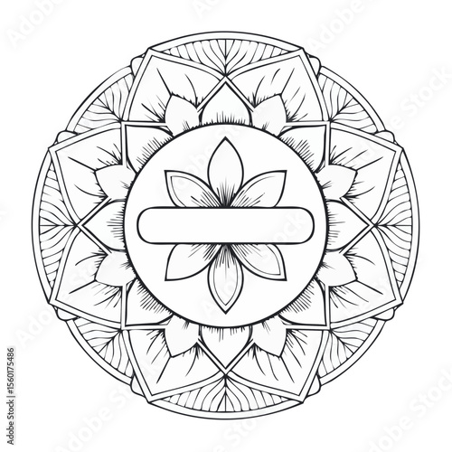 Intricate floral mandala illustration for coloring book project. Line art mandala with geometric patterns and stylized flower center badge space.