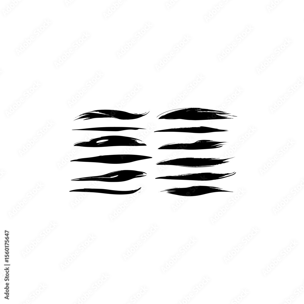 Fototapeta premium Set of black grunge paint brush strokes isolated on white background. Black distressed ink texture graphic design elements. 