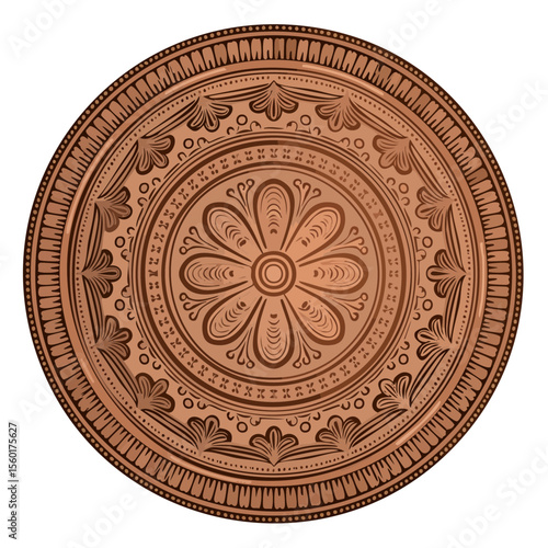 Intricate Floral Round Ornament Design, Ornamental Brown Circle Medallion Artwork, Detailed Decoration