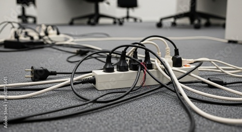 Safety Violation Observed in Office Setup With Dangerous Power Strip Misuse and Wire Clutter