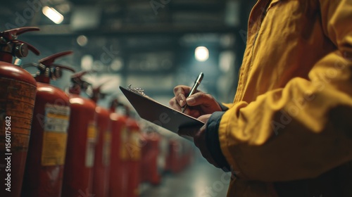 Safety inspector meticulously documents fire extinguisher checks in an industrial setting, ensuring workplace preparedness.
