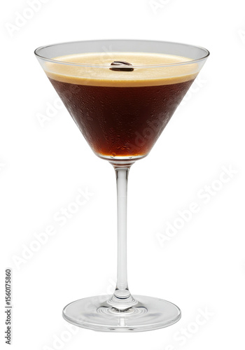 Elegant espresso martini cocktail with bean garnishment in clear glass on a dark backdrop