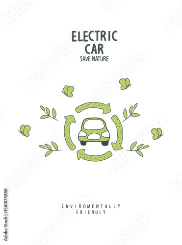 Vector hand drawn sketch of elecrtic car with green leaves. illustration of Environmentally friendly planet. Think Green. Alternative energy concept.