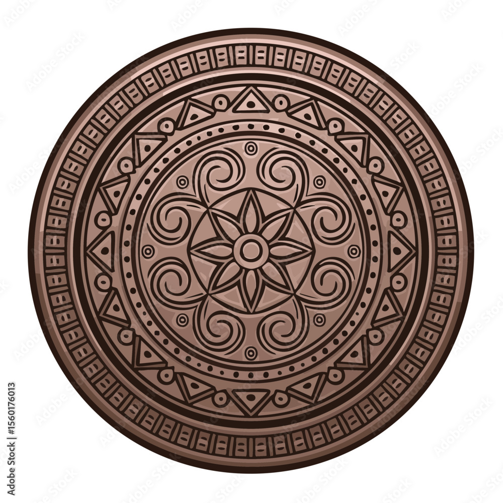 Obraz premium Ornamental Bronze Medallion with Geometric Pattern and Floral Centerpiece on Dark Background
