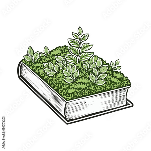 Illustration of book with sprouting plants representing knowledge, learning and growth concept.