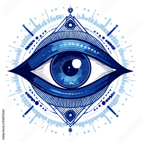Mystical eye illustration with triangle and decorative elements in blue tones esoteric occult symbol magic talisman spiritual sign