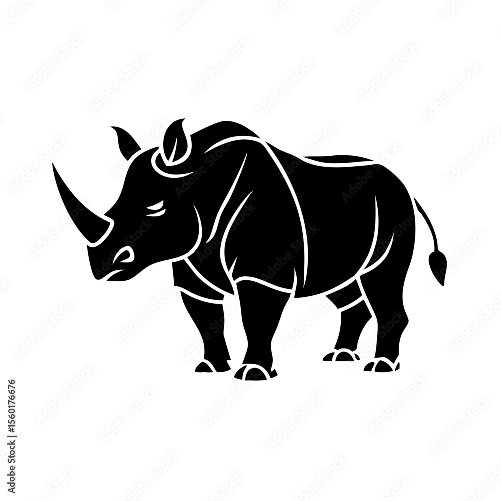 Obraz premium Powerful rhino silhouette, strong mammal illustration, African wildlife graphic, perfect for logo design or zoo emblem. This majestic rhino image symbolizes strength and wild nature.
