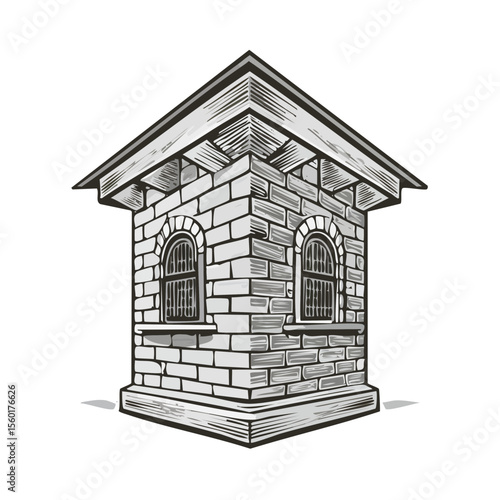 Stone Watchtower Structure with Windows and Bars Architectural Illustration on Black