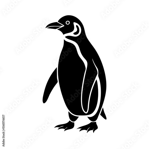 Penguin illustration, black silhouette of flightless bird, Antarctic animal graphic. Penguin image perfect for children's book, logo design, or wildlife poster.
