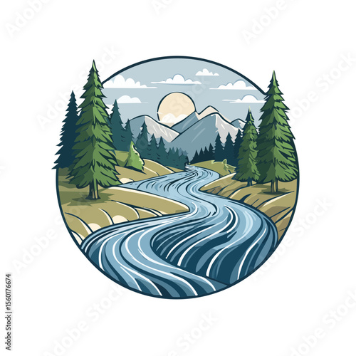 Mountain River Scene with Forest Trees and Rising Sun Vector Illustration