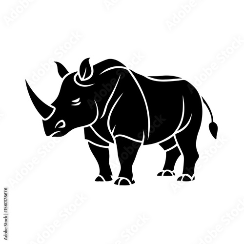 Powerful rhino silhouette, strong mammal illustration, African wildlife graphic, perfect for logo design or zoo emblem. This majestic rhino image symbolizes strength and wild nature.