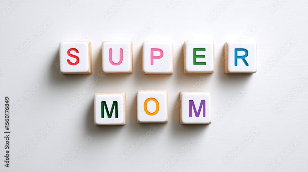 Obraz premium Celebrate motherhood with colorful letters spelling Super Mom in an artistic arrangement on a bright backdrop