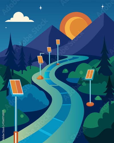 A scenic river trail enhanced by the use of solarpowered lamps and charging stations that allow hikers to capture and share their journey on social media.. Vector illustration