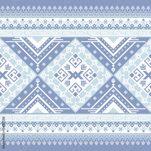 A striking chevron and diamond pattern in cool blue tones with horizontal tribal bands. Great for fabric, home decor, and cultural-inspired visuals.