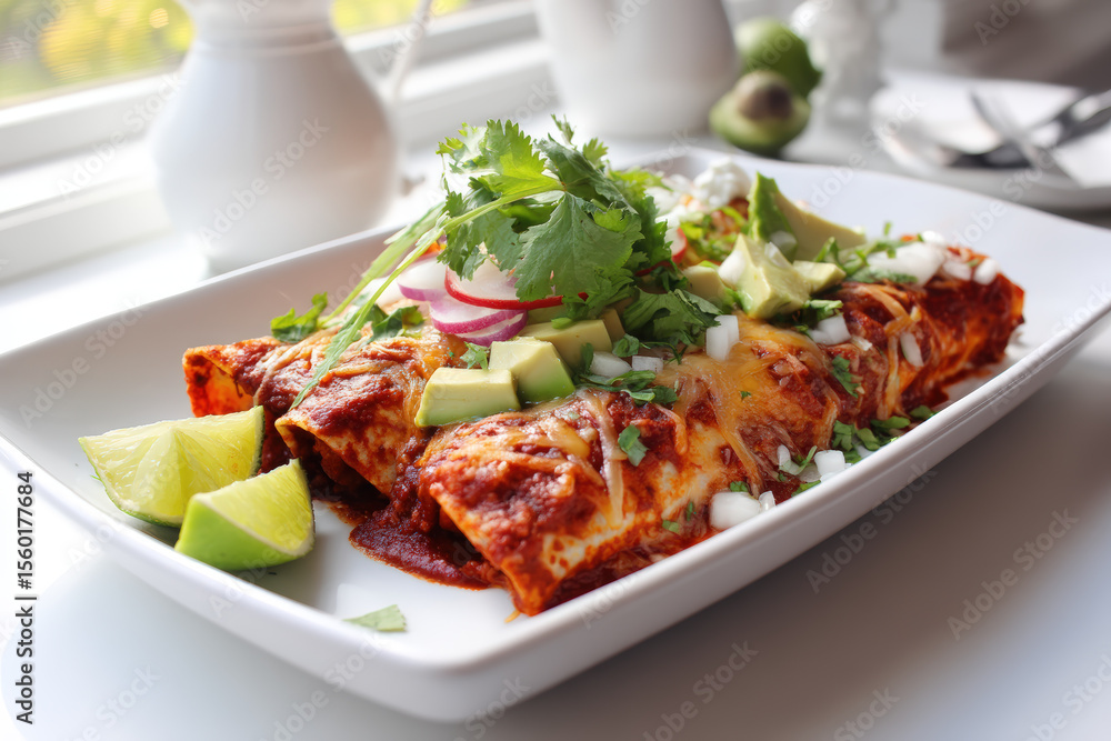 Enchiladas with Fresh Toppings. Delicious enchiladas topped with avocado, onions, cilantro, and radishes, served on a white plate with lime slices. Enchiladas with Fresh Toppings. Delicious enchiladas topped with avocado, onions, cilantro, and radishes, served on a white plate with lime slices.