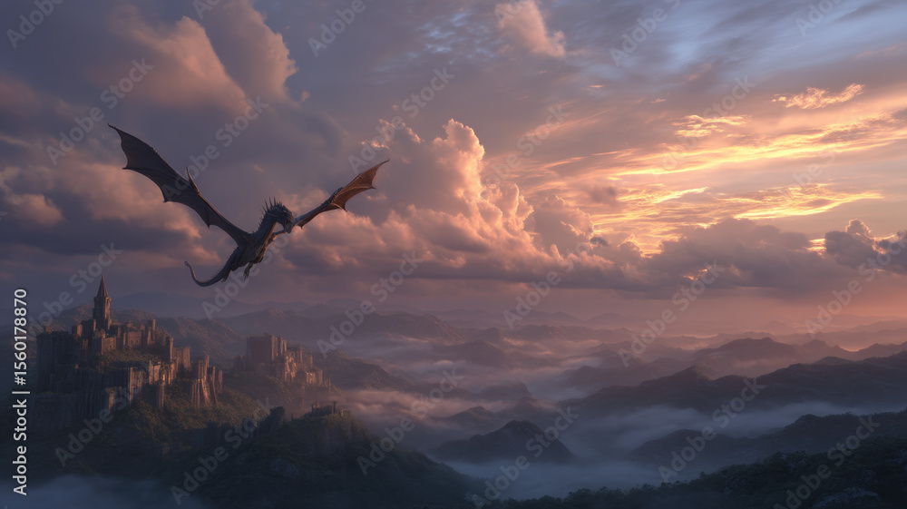 Obraz premium Mystical dragon flying above ancient castle in blue-toned mountain landscape under moonlight, symbolizing fantasy legend, mystery, darkness, magic world, and enchanted medieval adventure concept
